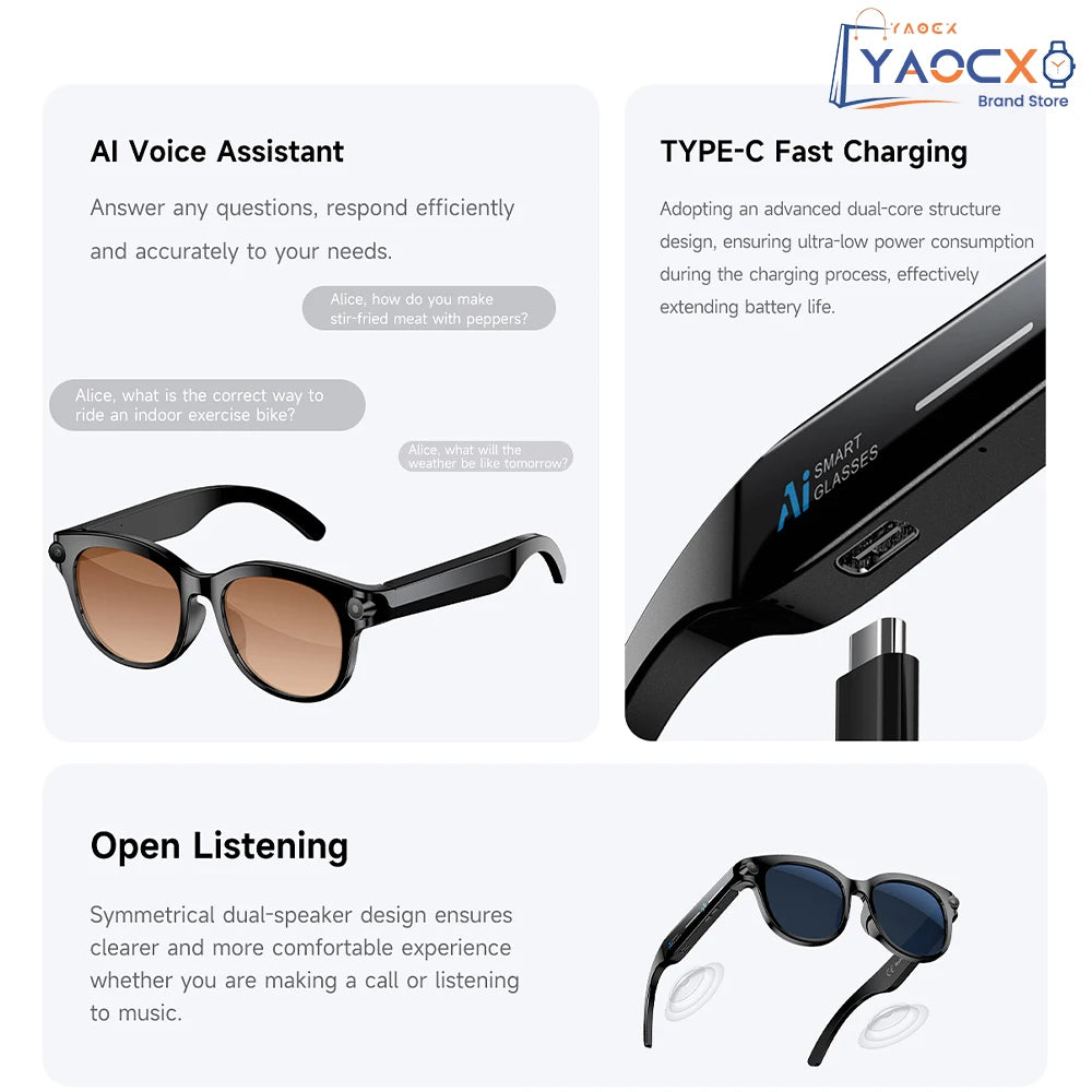 2026 AI Smart Glasses for Men Women 200W HD Camera 1080P Video AI Voice Assistant Translation Music Playback LED Flashlight