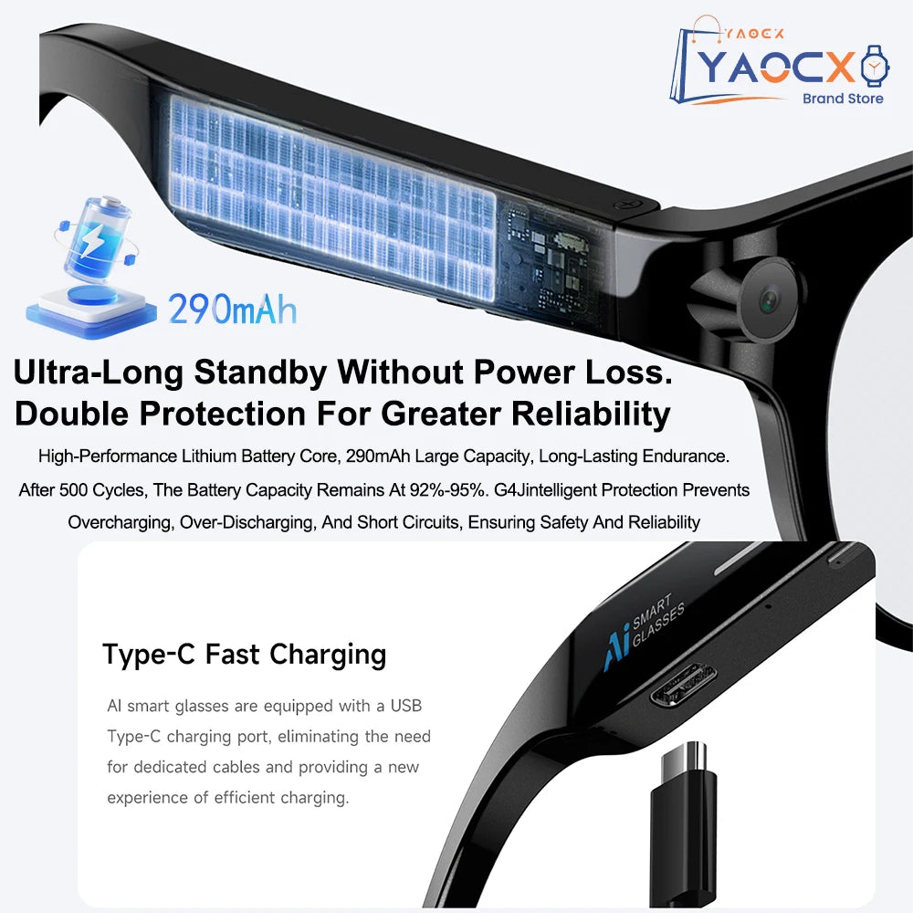 2026 AI Smart Glasses for Men Women 200W HD Camera 1080P Video AI Voice Assistant Translation Music Playback LED Flashlight