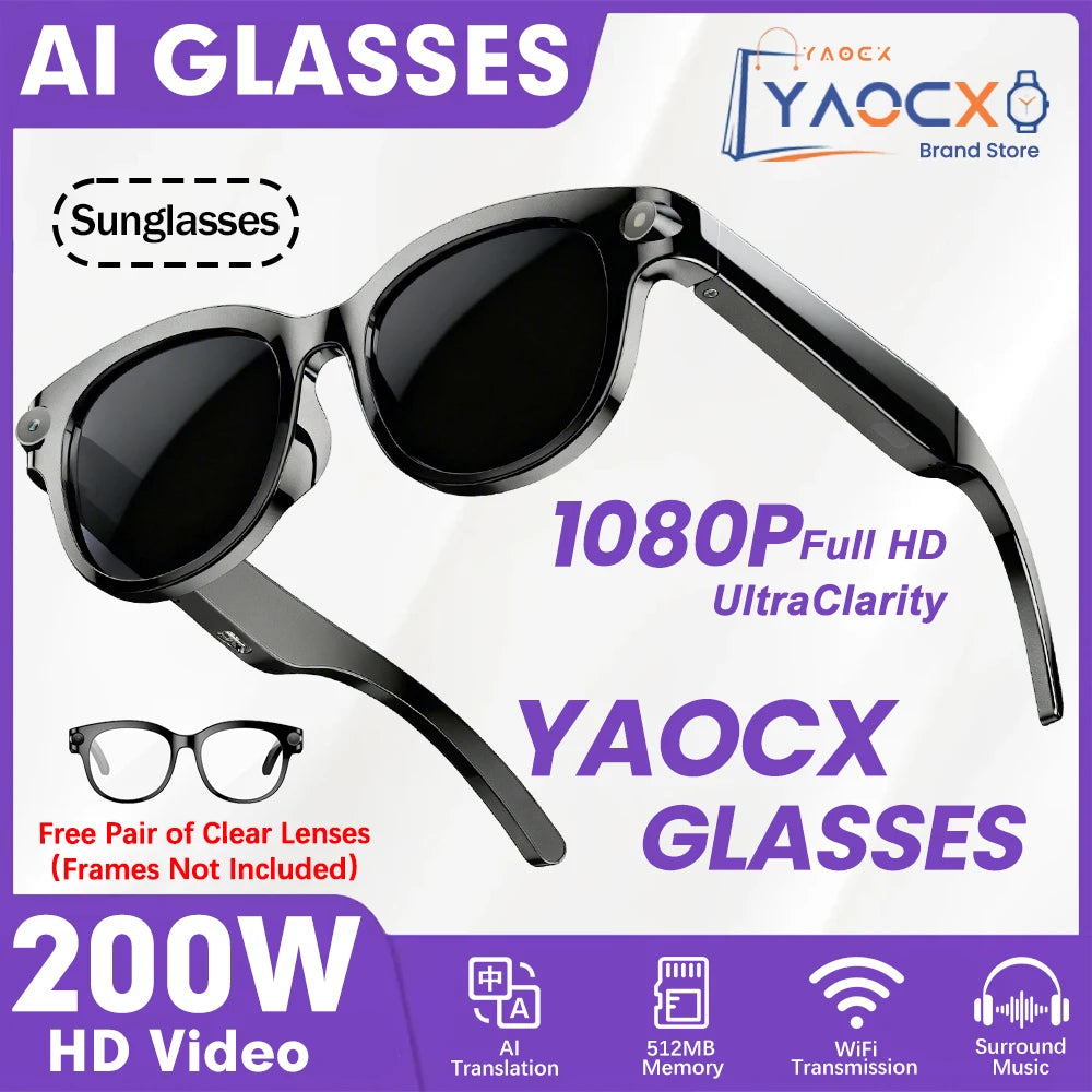 2026 AI Smart Glasses for Men Women 200W HD Camera 1080P Video AI Voice Assistant Translation Music Playback LED Flashlight