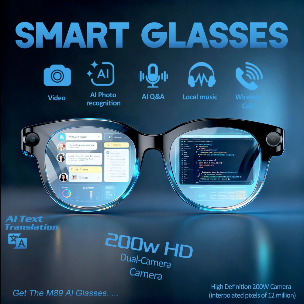 2026 AI Smart Glasses for Men Women 200W HD Camera 1080P Video AI Voice Assistant Translation Music Playback LED Flashlight