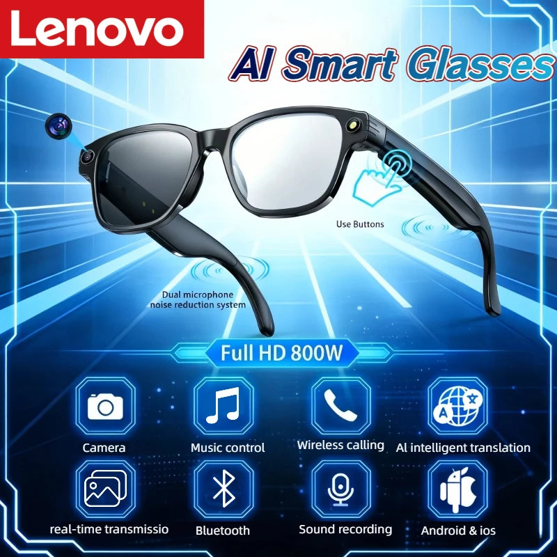 Lenovo AI Smart Glasses 6K HD Photochromic Multifunction Bluetooth Calling Voice Assistant Music Player Translate Camera Glasses